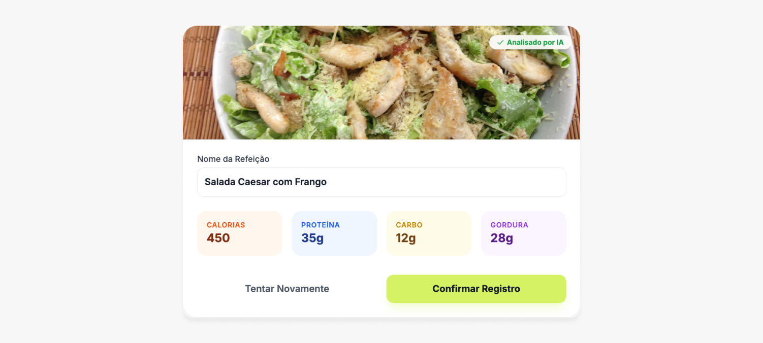 Interface do Nutrigger mostrando análise nutricional detalhada de uma refeição via foto